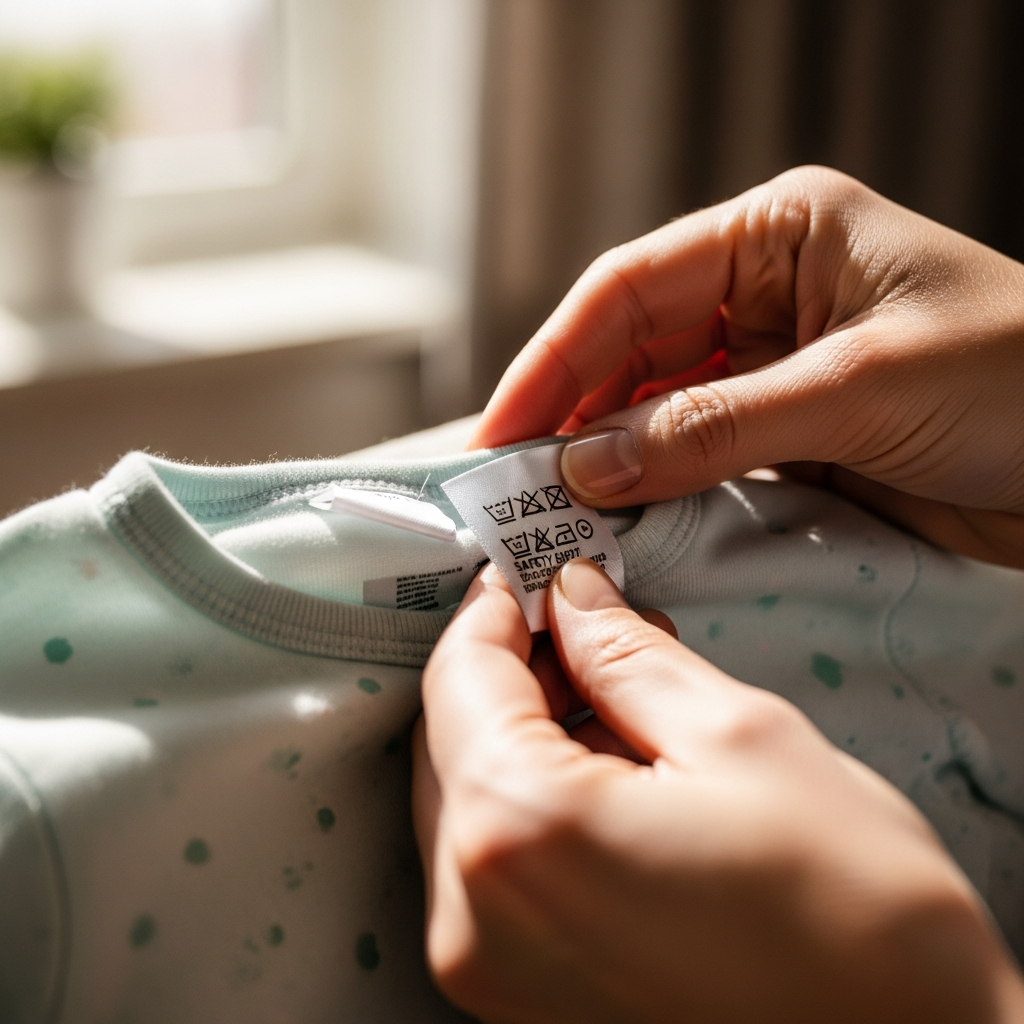 Baby pajama safety label guide showing CPSC compliance tags for infant sleepwear parents