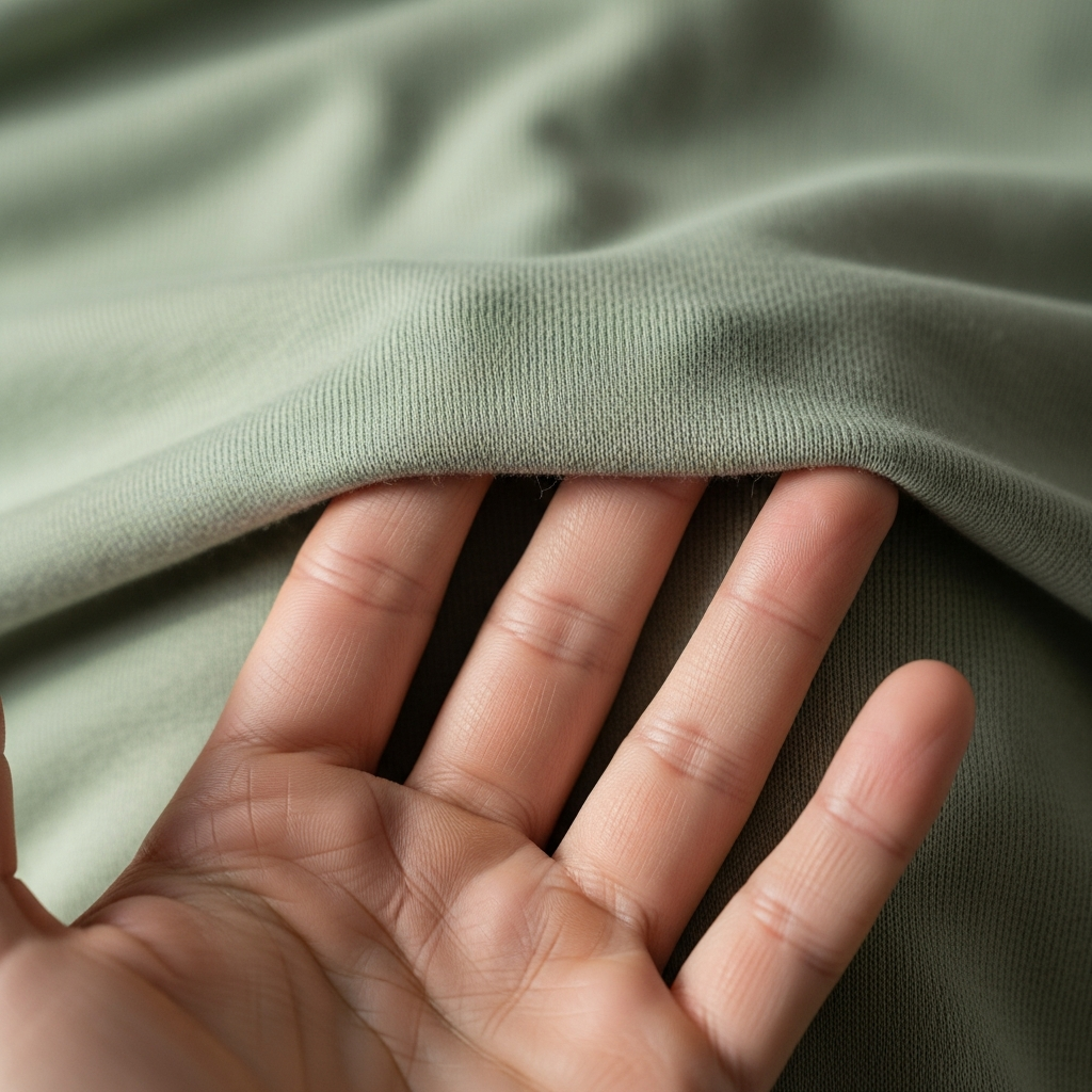 Bambus-Stoff für Babys ultraweiche Textur Nahaufnahme, Mama fühlt seidig-glatten Bambus-Stoff