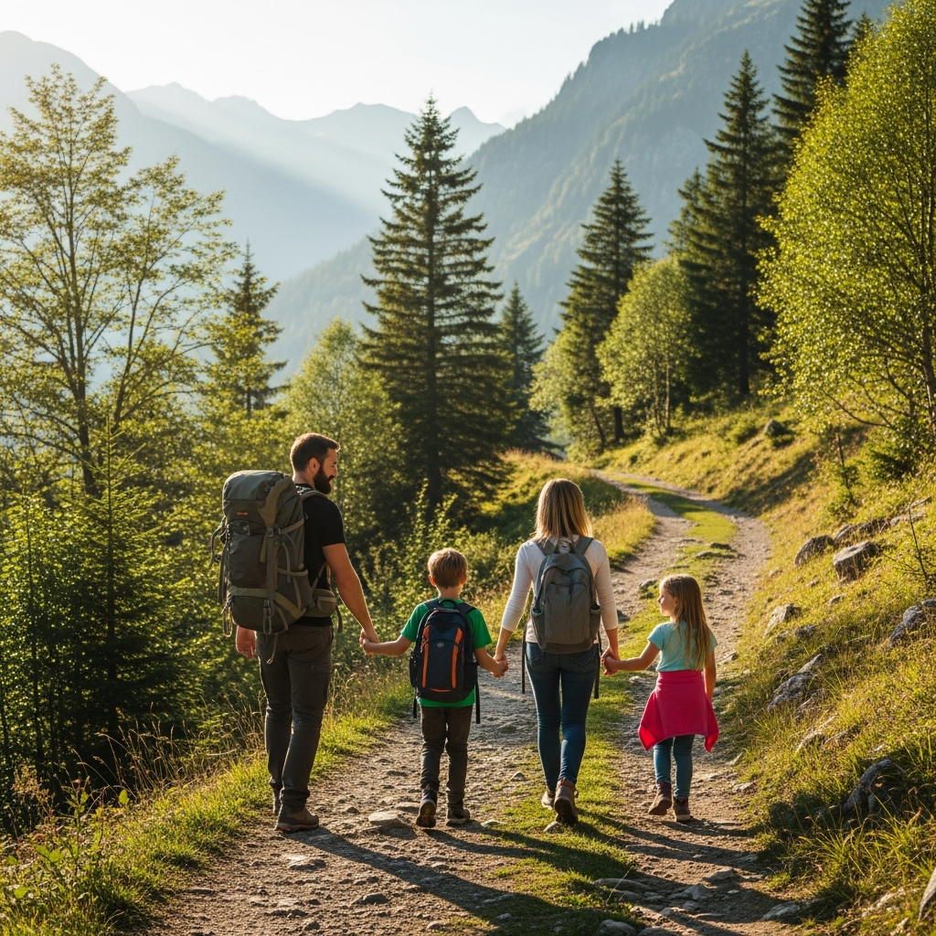 Family hiking together on scenic nature trail for budget vacation experience