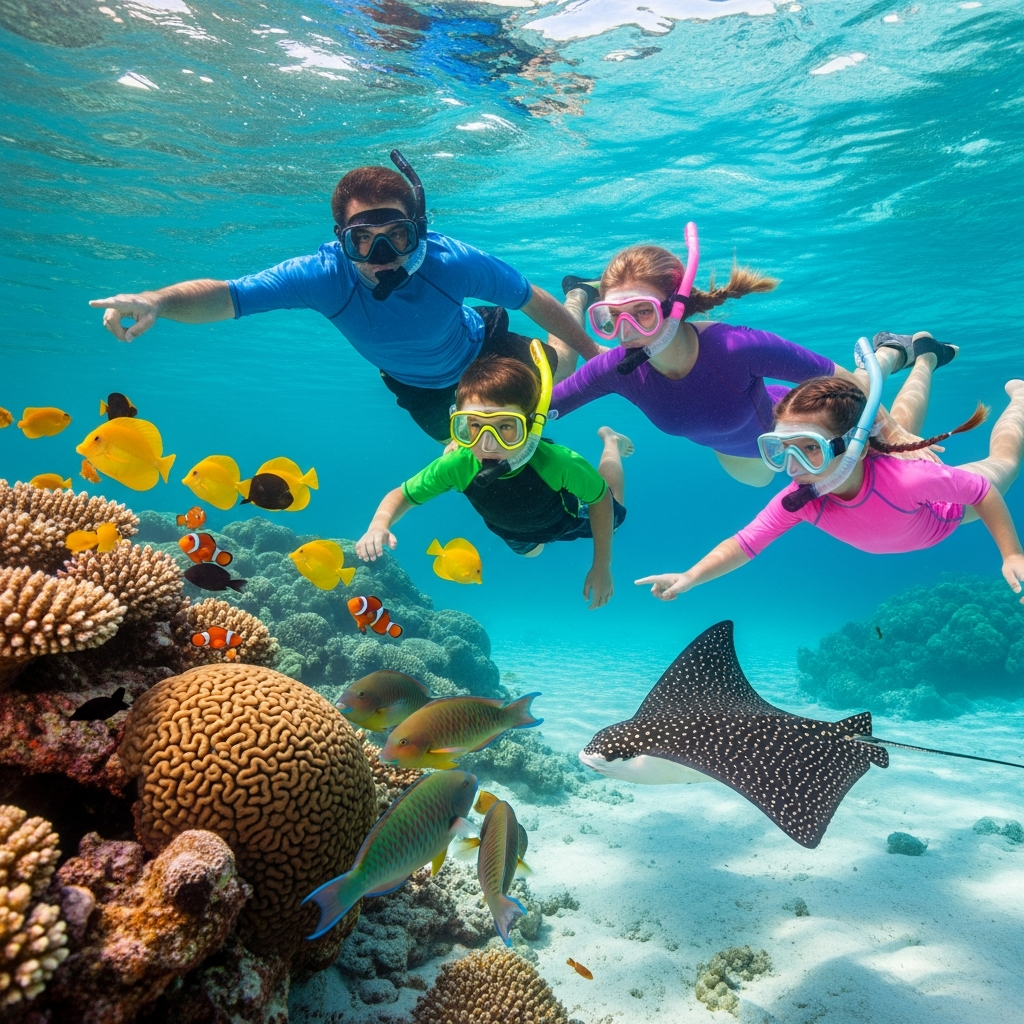 Florida Keys family snorkeling adventure at coral reef Family snorkeling at coral reef in Florida Keys viewing colorful tropical fish