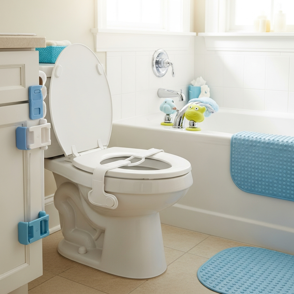 childproofed bathroom with toilet lock and non-slip bath mat for baby safety