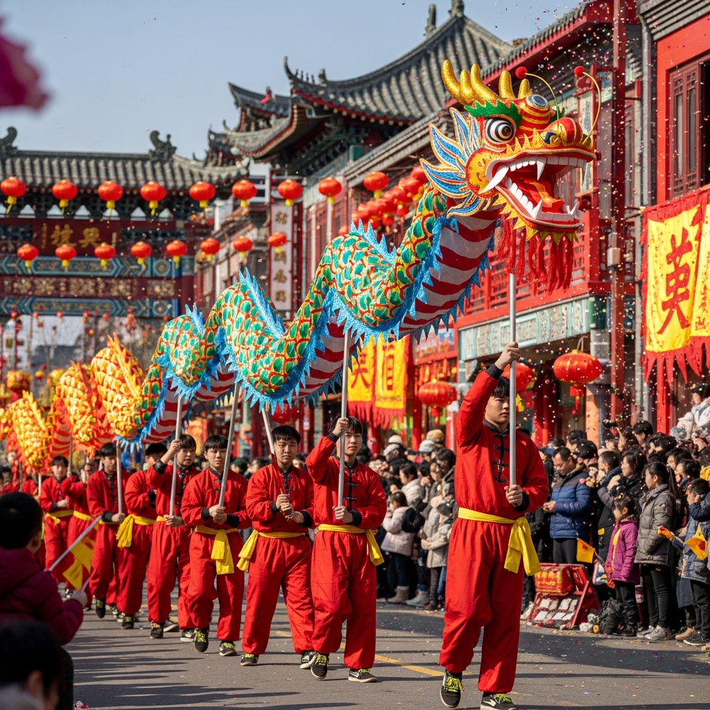 Dragon dance performance during Chinese New Year celebration for families