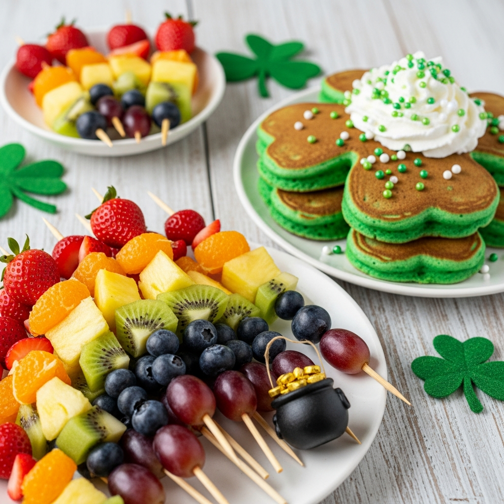 St. Patrick's Day snacks for kids with rainbow fruit and green treats