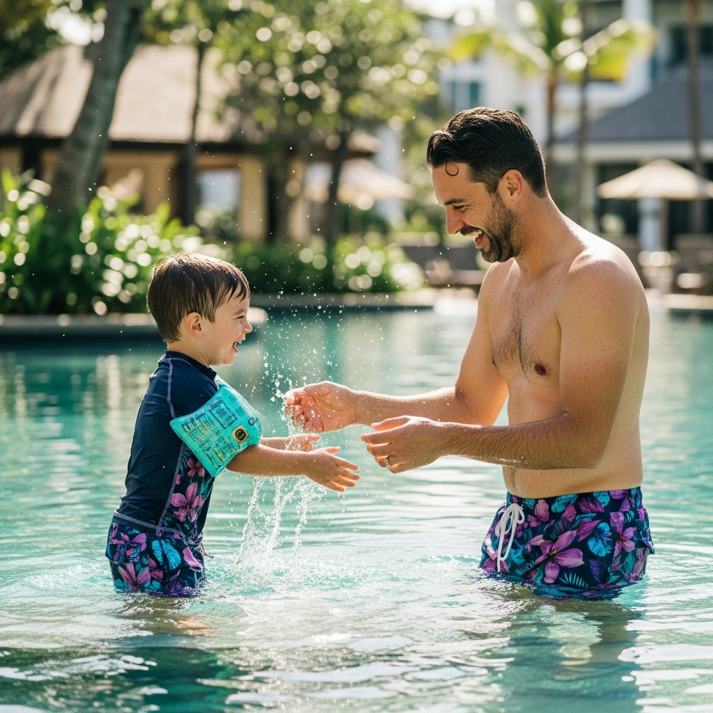 Colorful floral dad son matching swim trunks pool Dad and son in colorful floral statement print swim trunks matching resort pool day