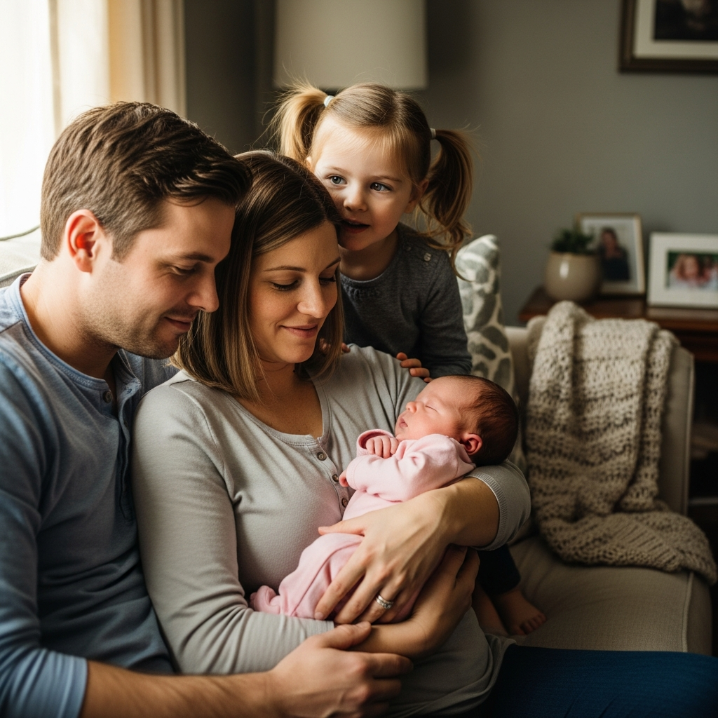 Nueva bebé niña con familia celebrando la elección del nombre Evie inspirado en Peppa Pig para nombres de bebé