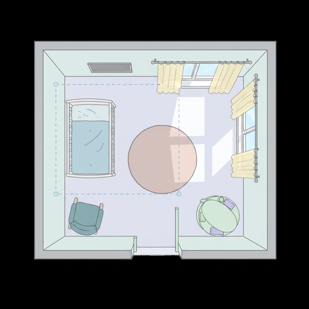 Where to place a crib in a nursery safe zone floor plan illustration for new parents