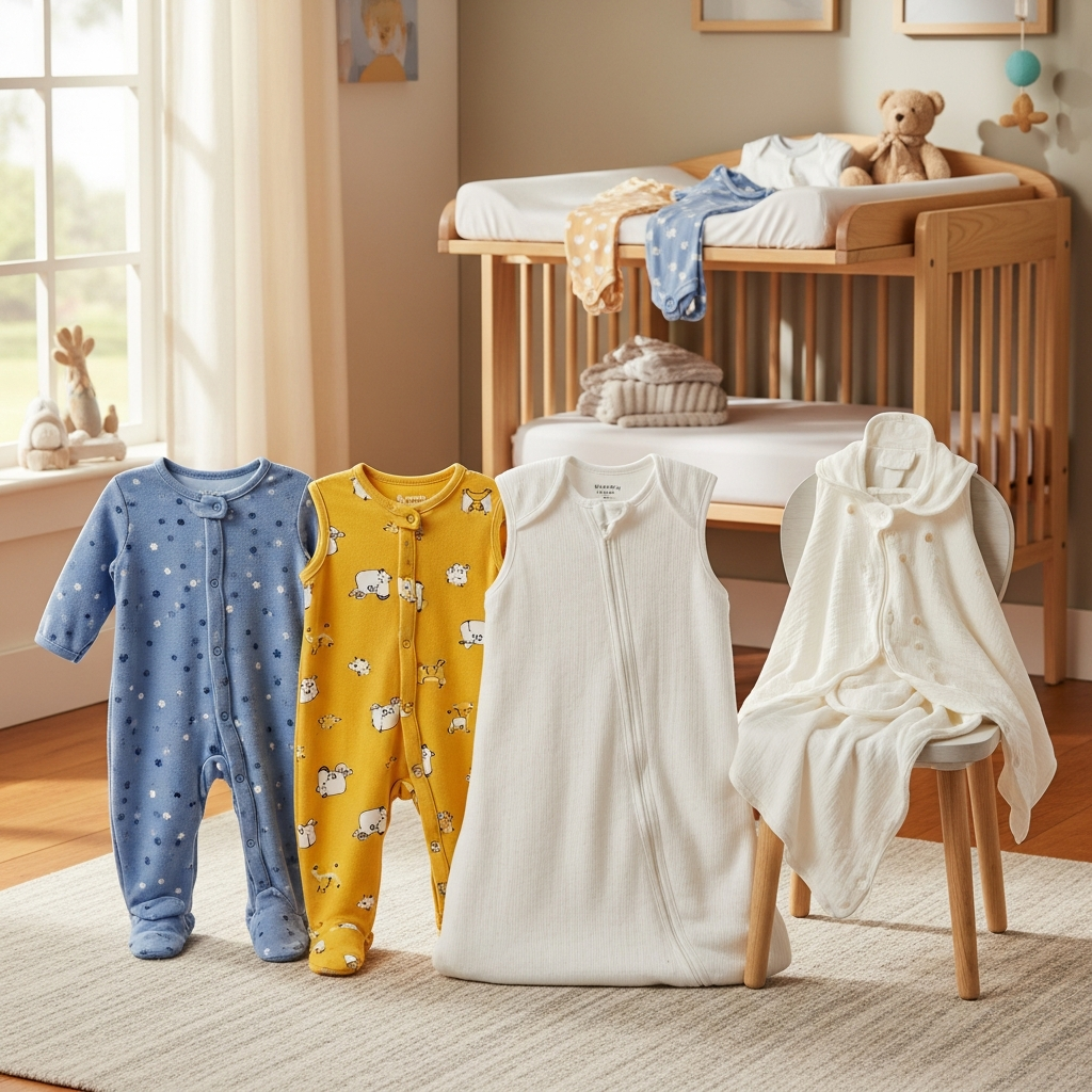 Différents types de dors-bien bébé incluant pyjamas à pieds et sans pieds