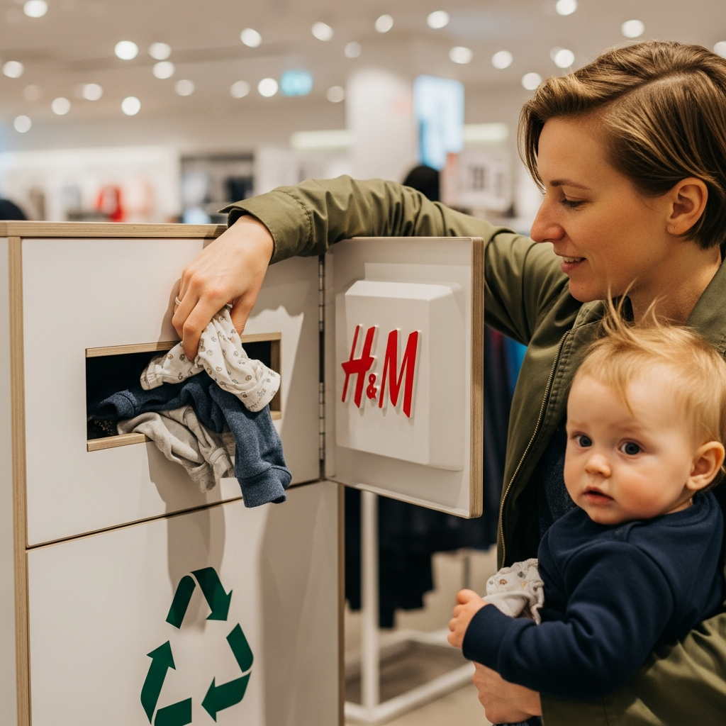 Parent using textile recycling bin for worn bamboo baby clothes diversion from landfill