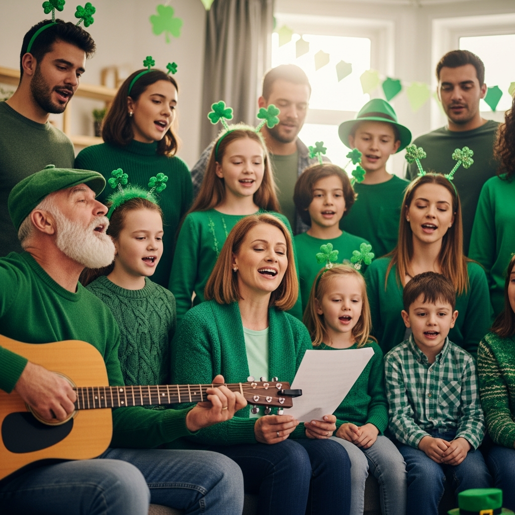 Familien-St.-Patricks-Tag-Sing-Along-Feier Familie in passenden St.-Patricks-Tag-Outfits genießt ein gemeinsames Singen