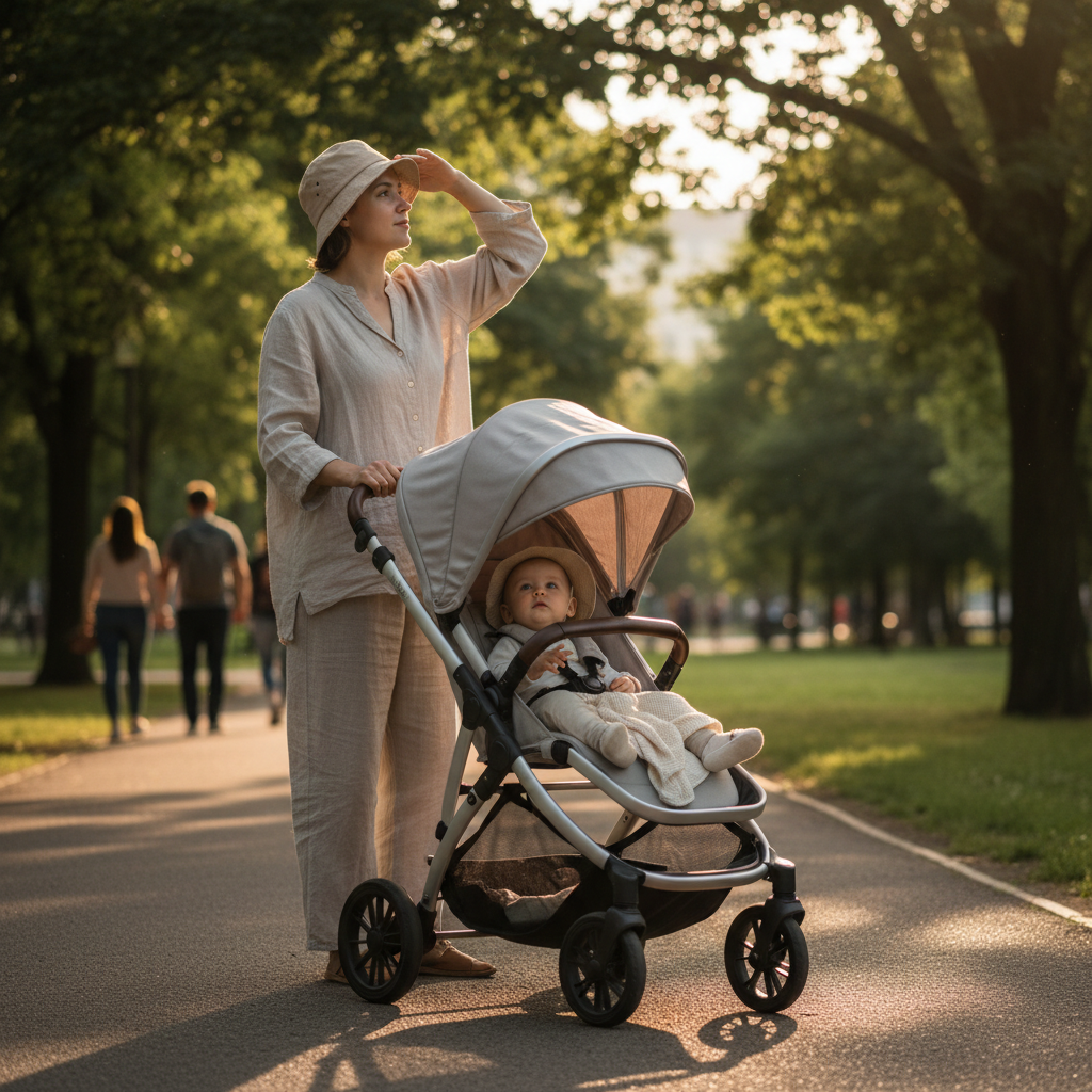 When babies can start wearing sunscreen Caregiver taking a baby for a shaded walk while thinking about when to start sunscreen