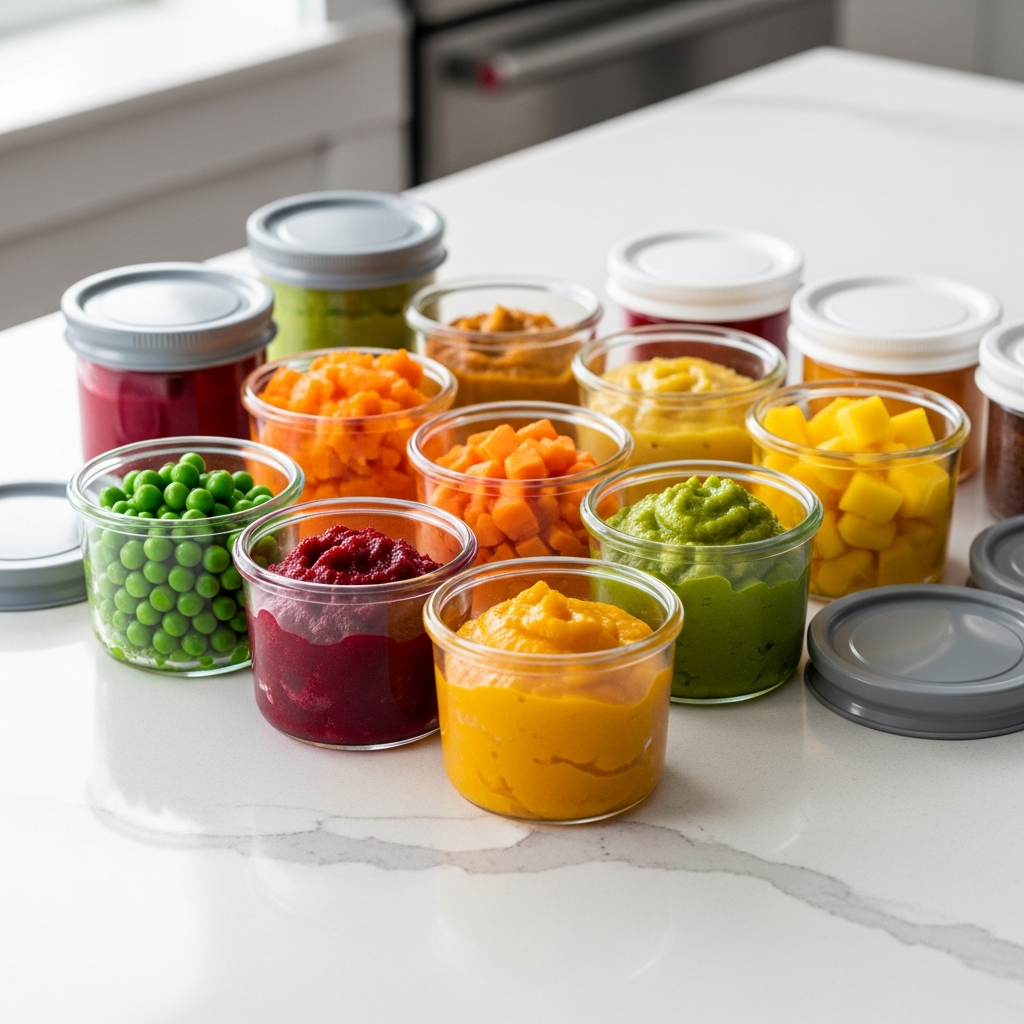 Hausgemachte Babynahrung Pürees in Glasbehältern für Mahlzeitvorbereitung