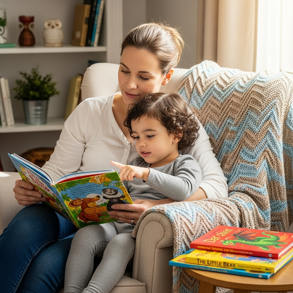 Parent teaching preschooler to read with colorful picture books