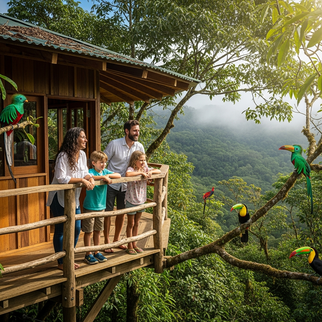 Familia en casa de árboles en la selva tropical de Costa Rica vacaciones sin tecnología
