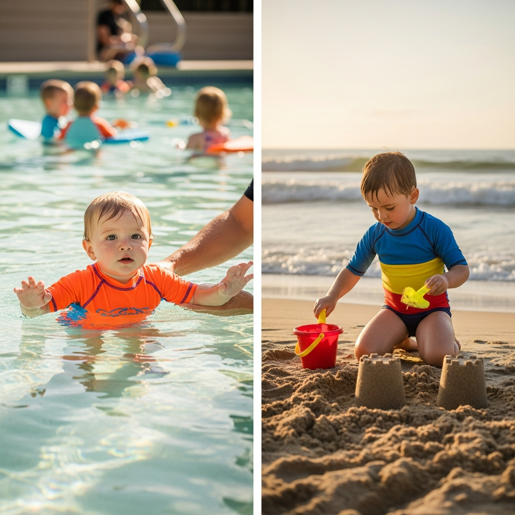Toddler in neon rash guard swim lesson color block swimsuit beach