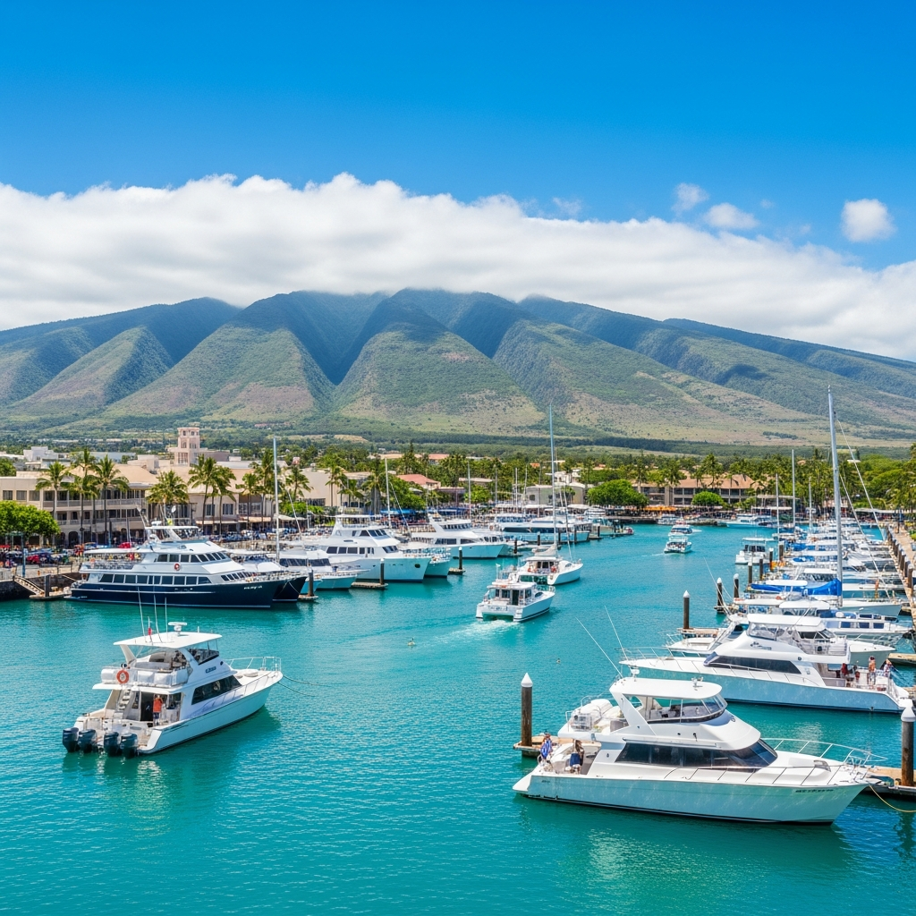 Lahaina Harbor Maui whale watching tour boats departing for ocean adventure