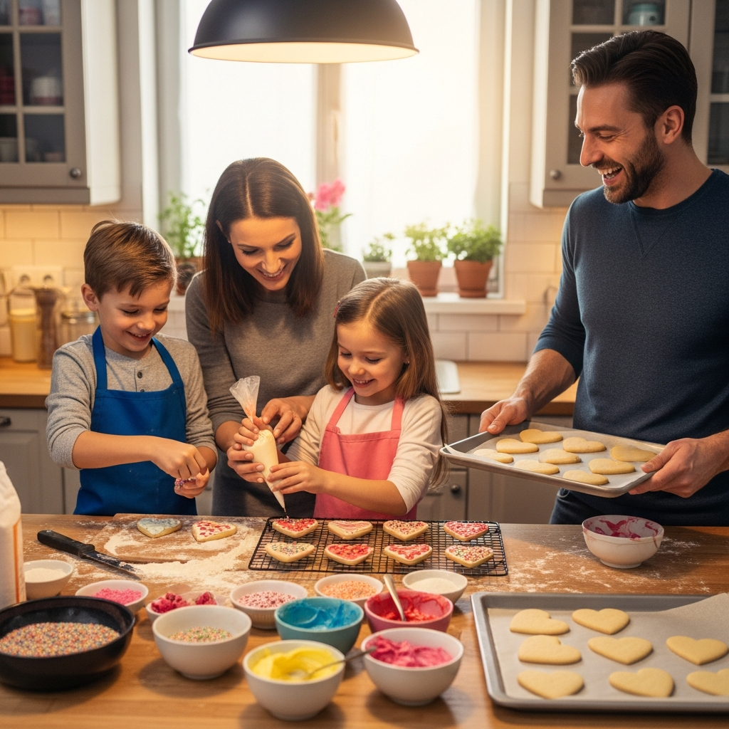 Valentinstag-Familienaktivitäten mit Kindern Familie dekoriert gemeinsam Valentinstag-Kekse in der Küche