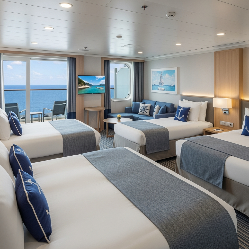 Spacious family suite cabin with ocean view balcony on cruise ship