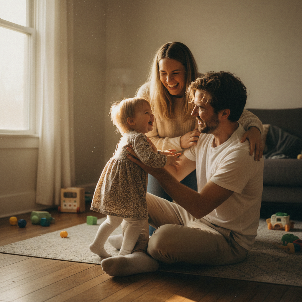 Candid family photo showing natural joy and authentic unposed emotion in warm home setting