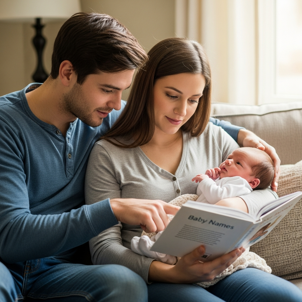 Parents sélectionnant des prénoms de fille rares et uniques dans un livre de prénoms de bébé