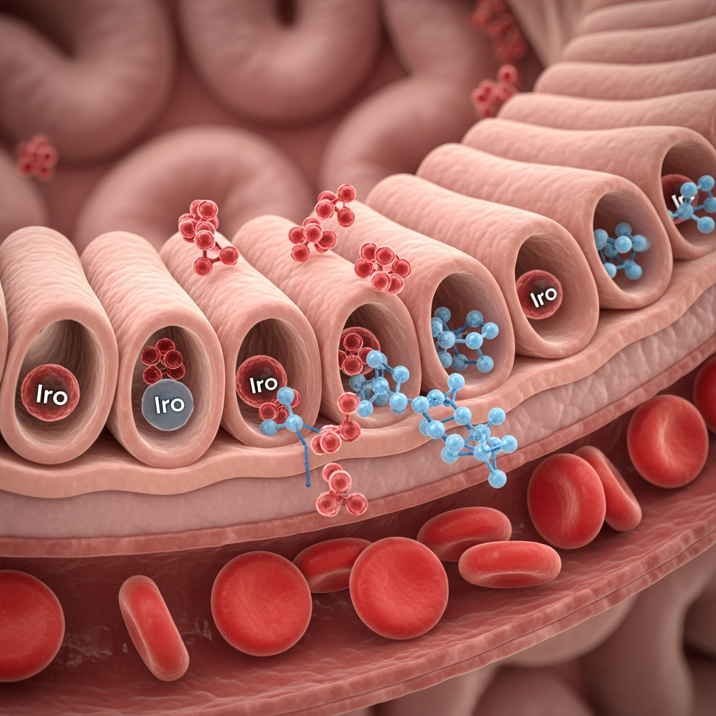 Visualización del proceso de absorción de hierro que muestra cómo la vitamina C mejora la absorción durante el embarazo
