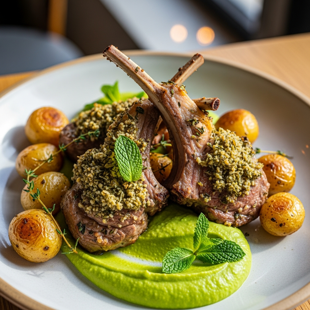 Ostern-Lammkoteletts mit Minz-Erbsen-Püree und Kartoffeln Kräuterkrusten-Lammkoteletts mit Minz-Erbsen-Püree für Frühlingsfeier