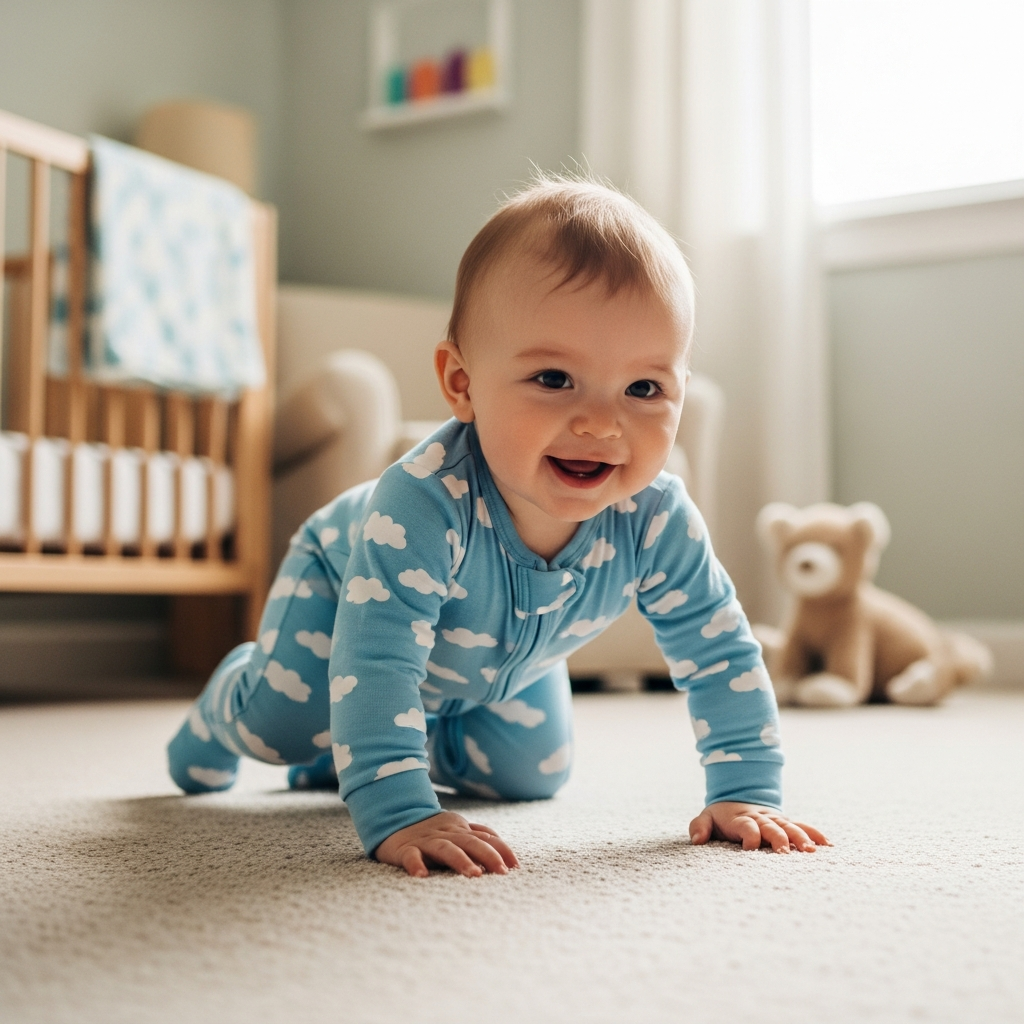 Bebé gateando en pelele con pies demostrando movilidad y comodidad