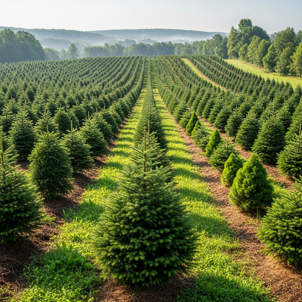 Sustainable Christmas tree farm showing environmental benefits of real trees