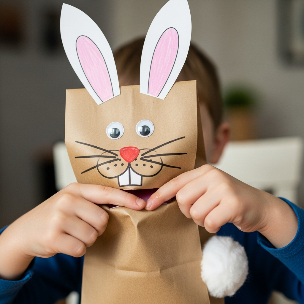Paper bag Easter bunny puppet for storytelling fun