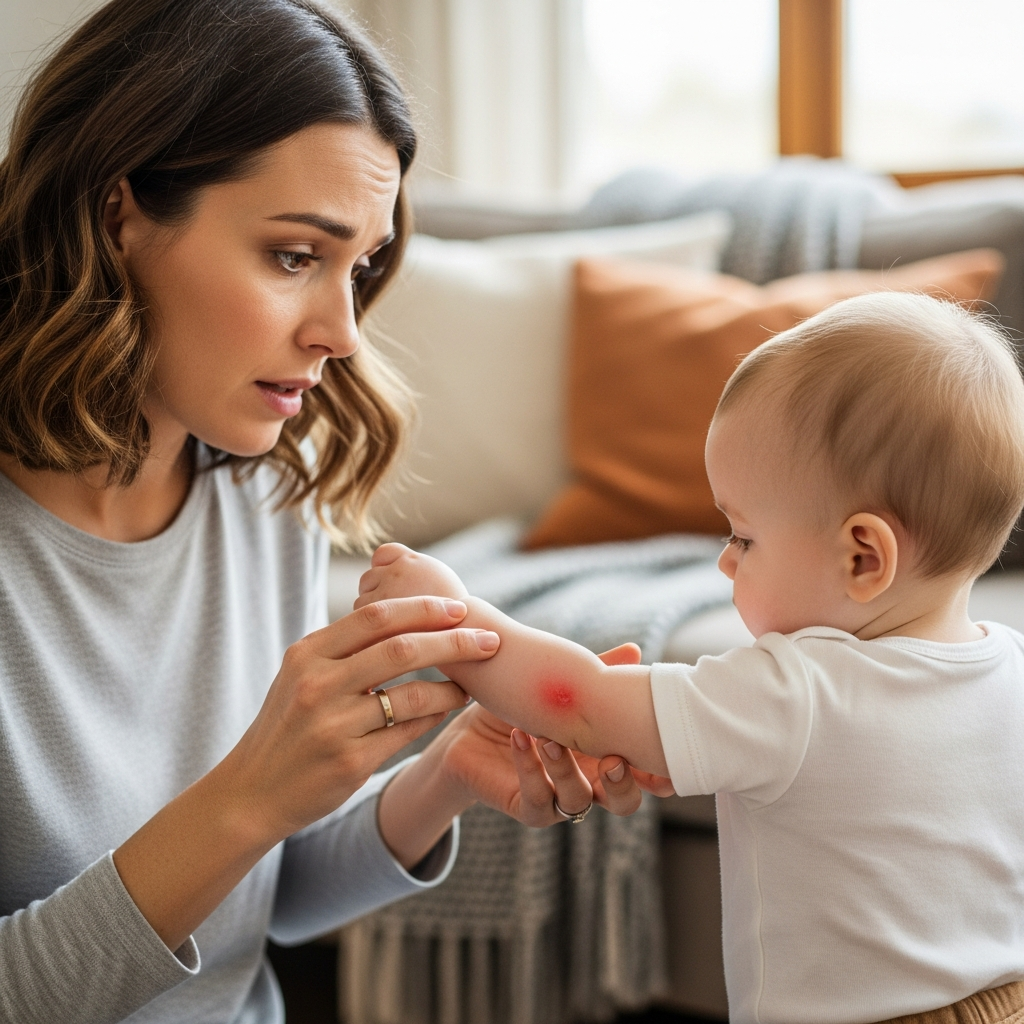 Baby-Hautreizung durch Kleidung vor dem Wechsel zu Bambus, besorgte Mama untersucht Säugling