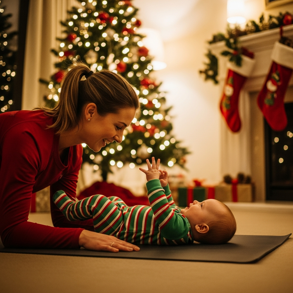 Mom and baby workout exercises together during Christmas season