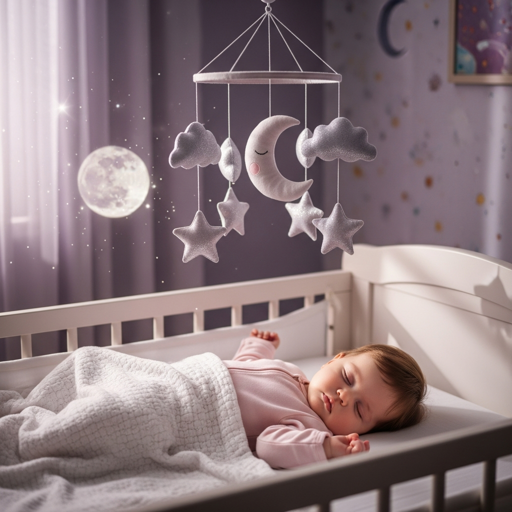 Habitación de bebé con tema celestial de nombres de princesas con luna y estrellas para niñas