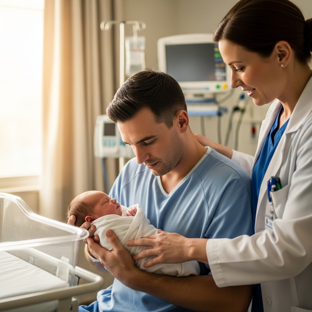New father learning baby swaddling technique with hospital nurse guidance