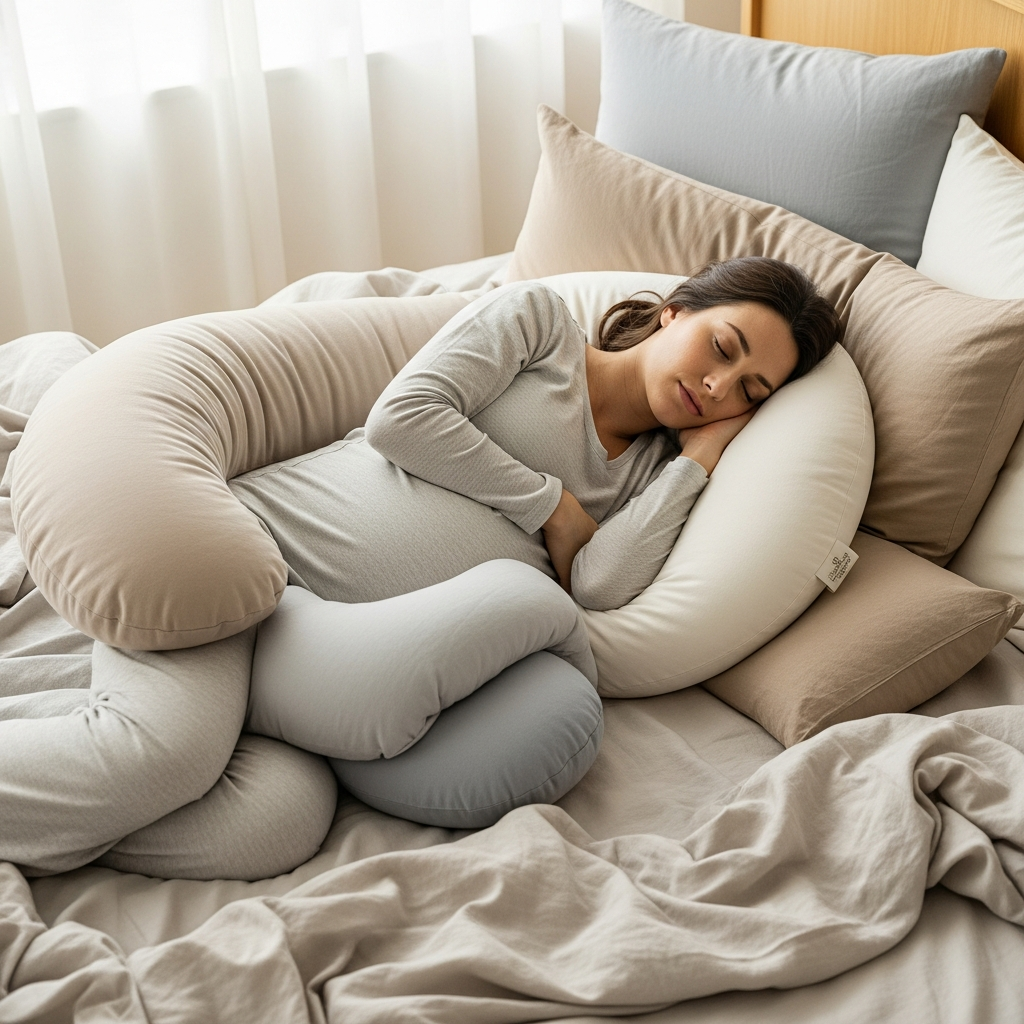 Schwangerschaftskissen-Unterstützung für besseren Schlaf Komfortable Schwangerschaftsschlaf-Setup mit stützenden Kissen für qualitativ hochwertige Ruhe