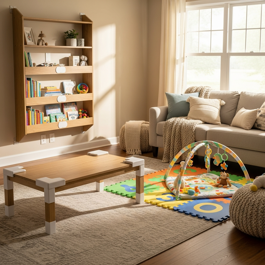 childproofed living room with corner protectors and secured furniture for baby safety