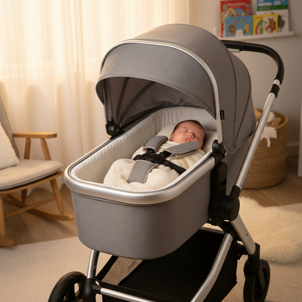 Infant stroller features including bassinet attachment and 5-point harness