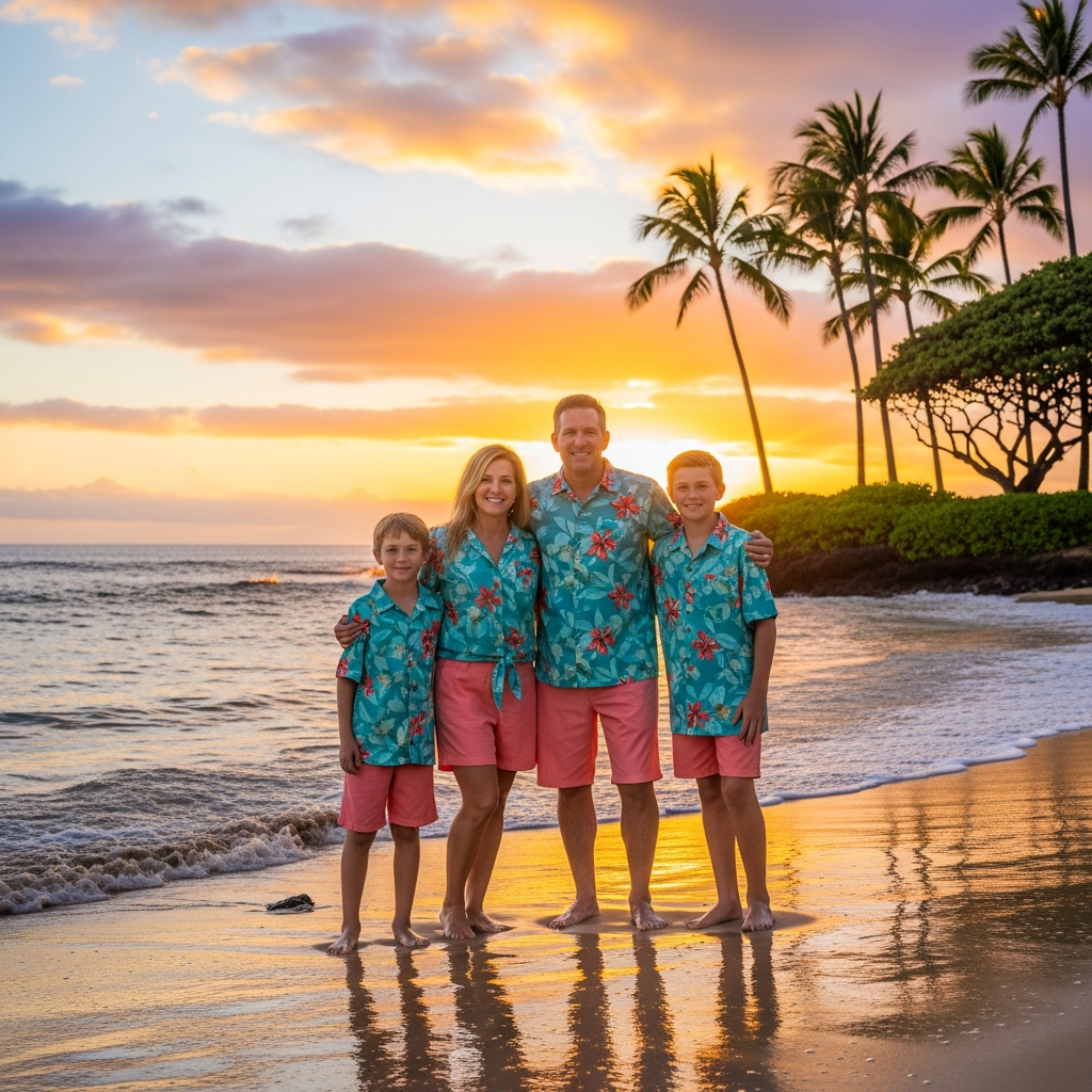 Family in coordinated tropical outfits at Hawaiian beach sunset for vacation photos