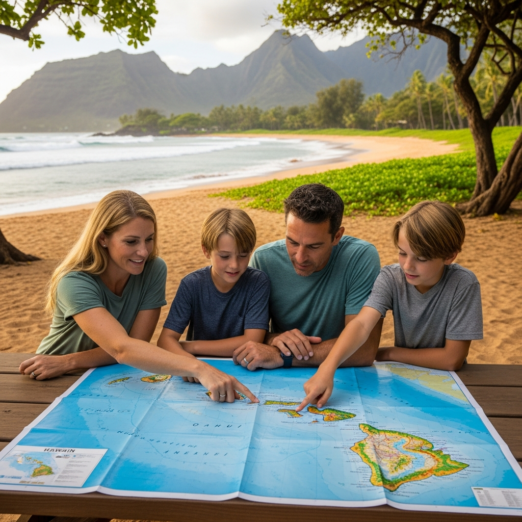 Familia planeando vacaciones en Hawái eligiendo entre islas