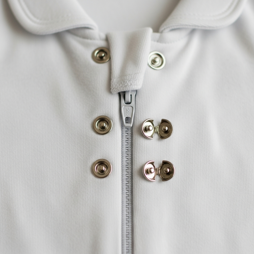 Baby-Pyjama-Verschlüsse, die Reißverschluss- und Druckknopf-Optionen für Windelzugang zeigen