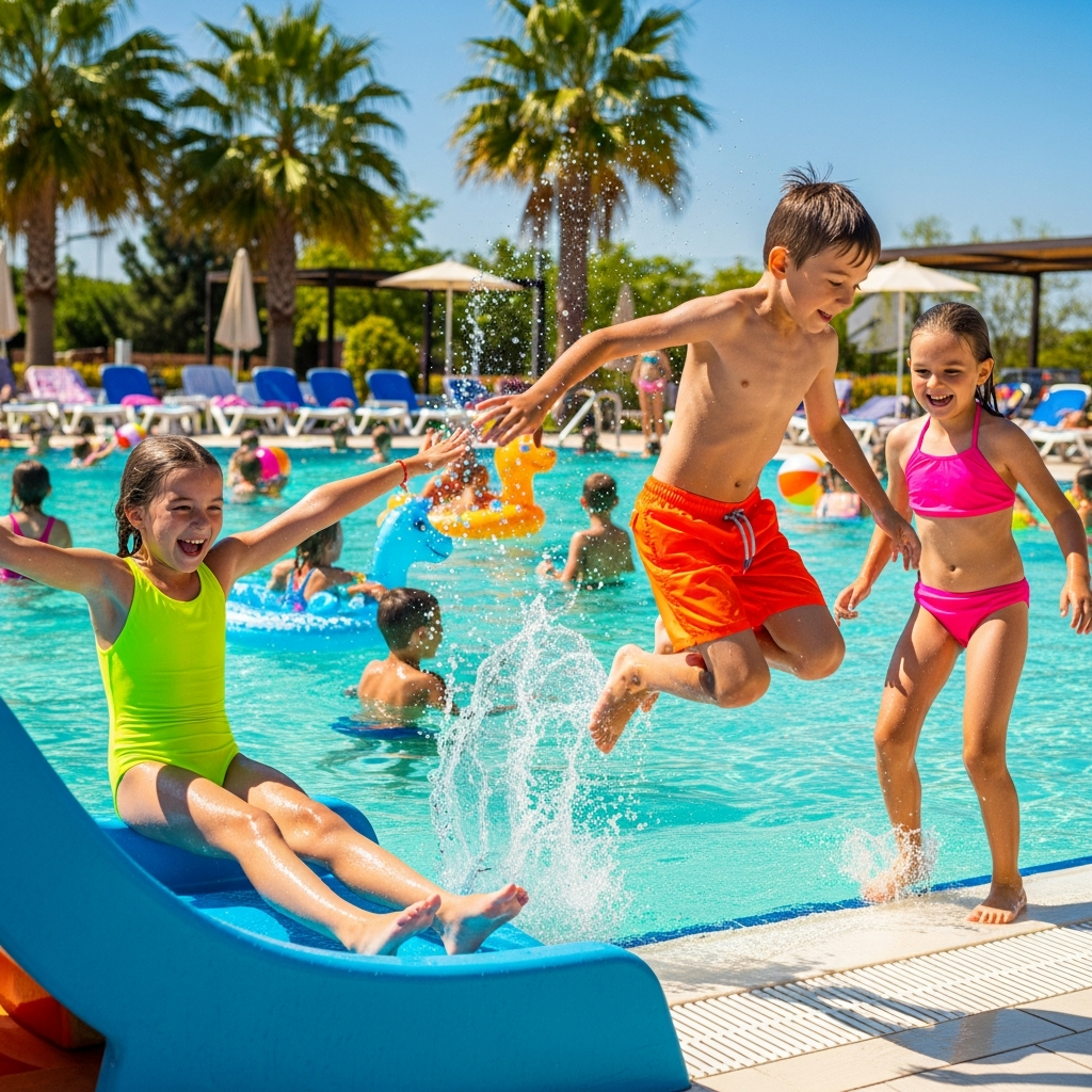 Kids in bright colorful swimsuits playing at pool summer fun
