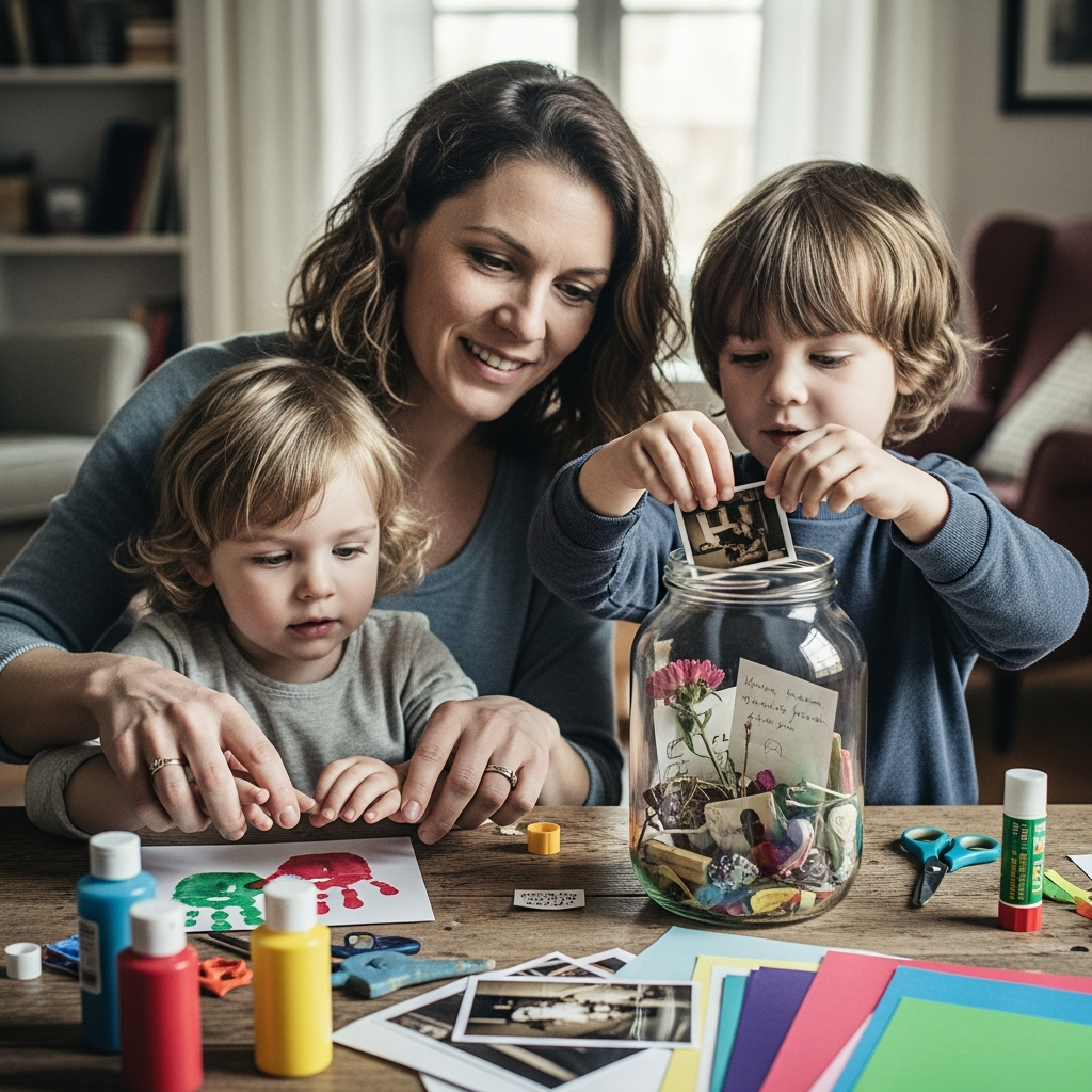 Family time capsule creation activity with handprints for New Year traditions