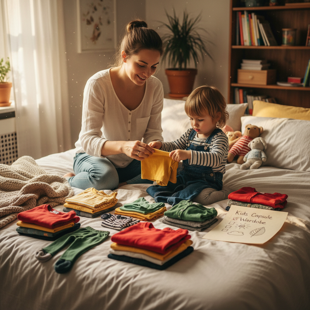 Mère et enfant organisant la checklist de garde-robe capsule pour enfants, pliant des vêtements pour enfants en primaire