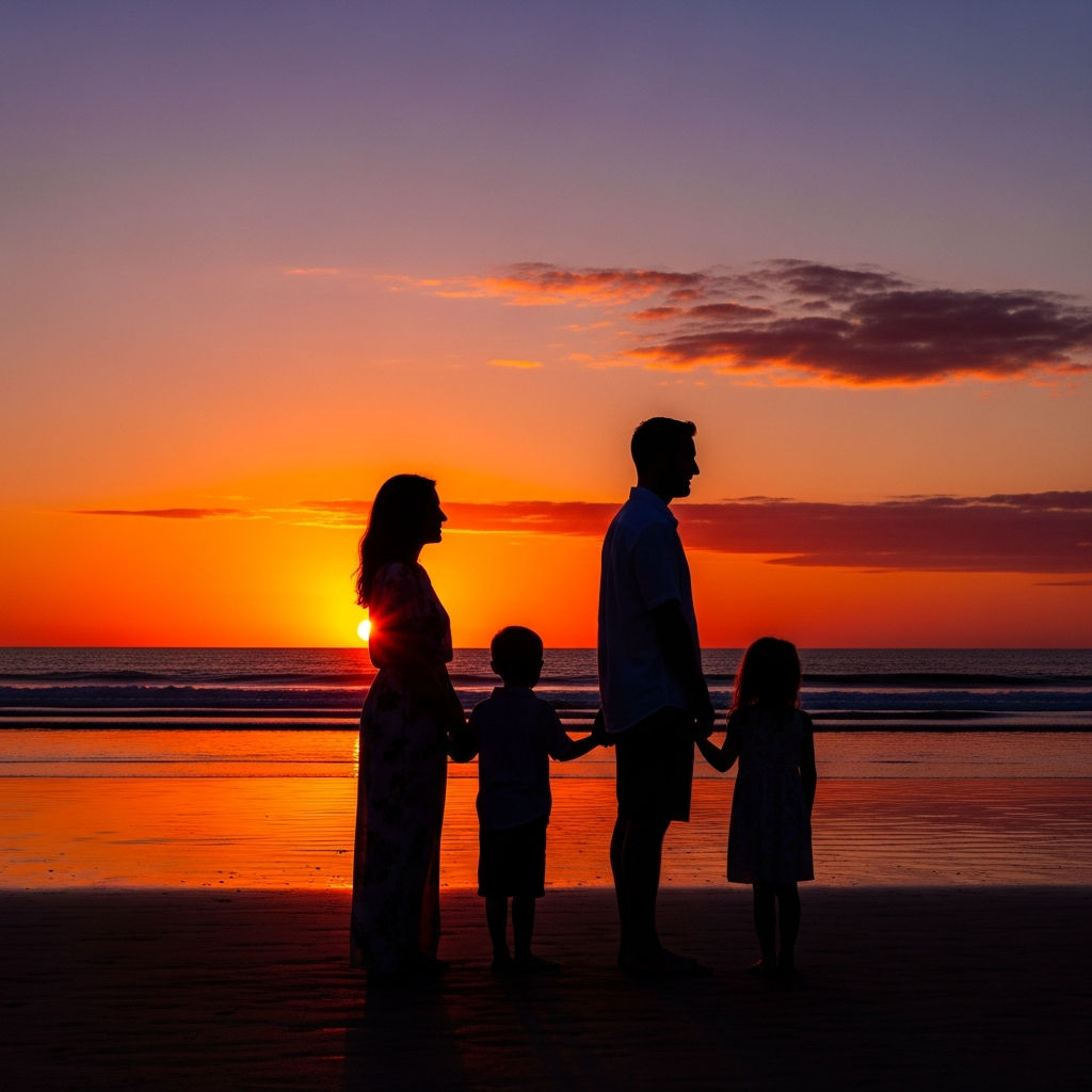 Silhouette beach photography of family at sunset for artistic portraits