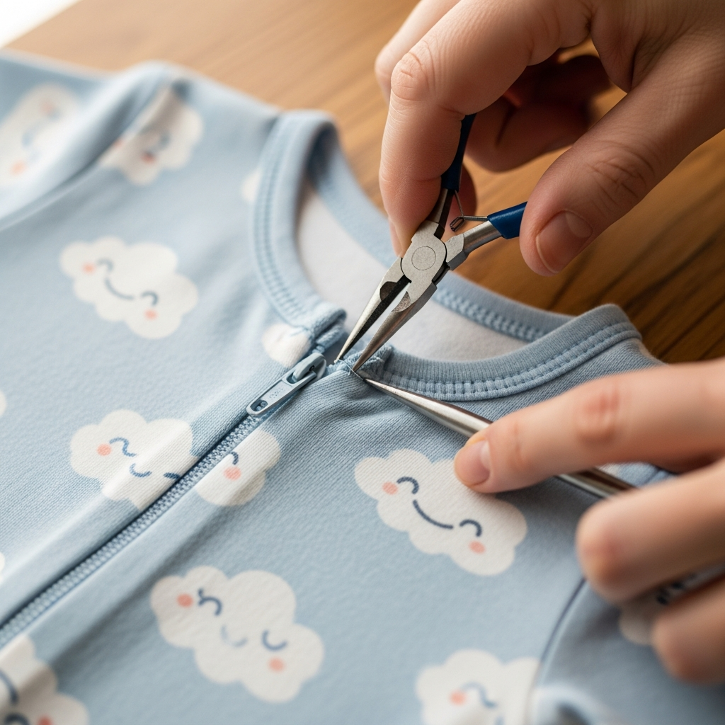 Cómo apretar un deslizador suelto de cremallera en pijamas de bebé usando pinzas de punta fina
