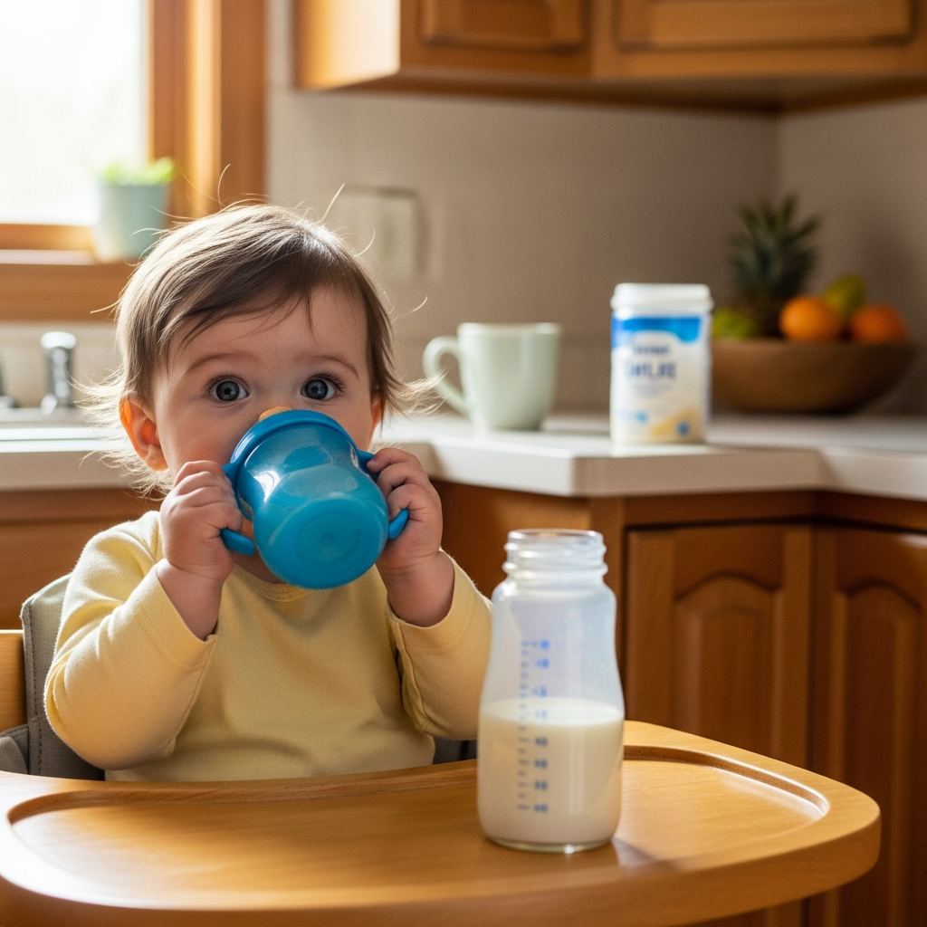 Übergang von Formel zu Vollmilch für Babys Baby beim Übergang zu Vollmilch mit Trinklernbecher beim 12-Monats-Meilenstein