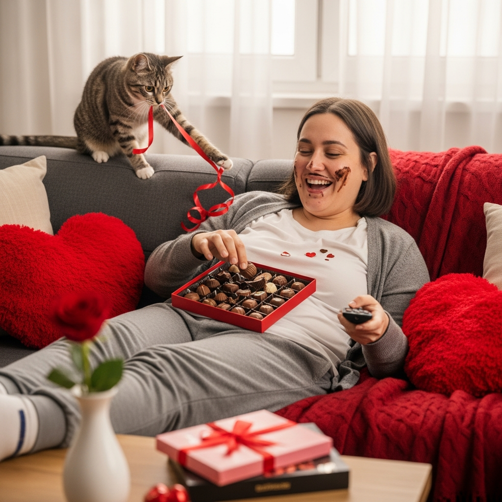 Funny Valentine's Day scene with chocolate for single parents