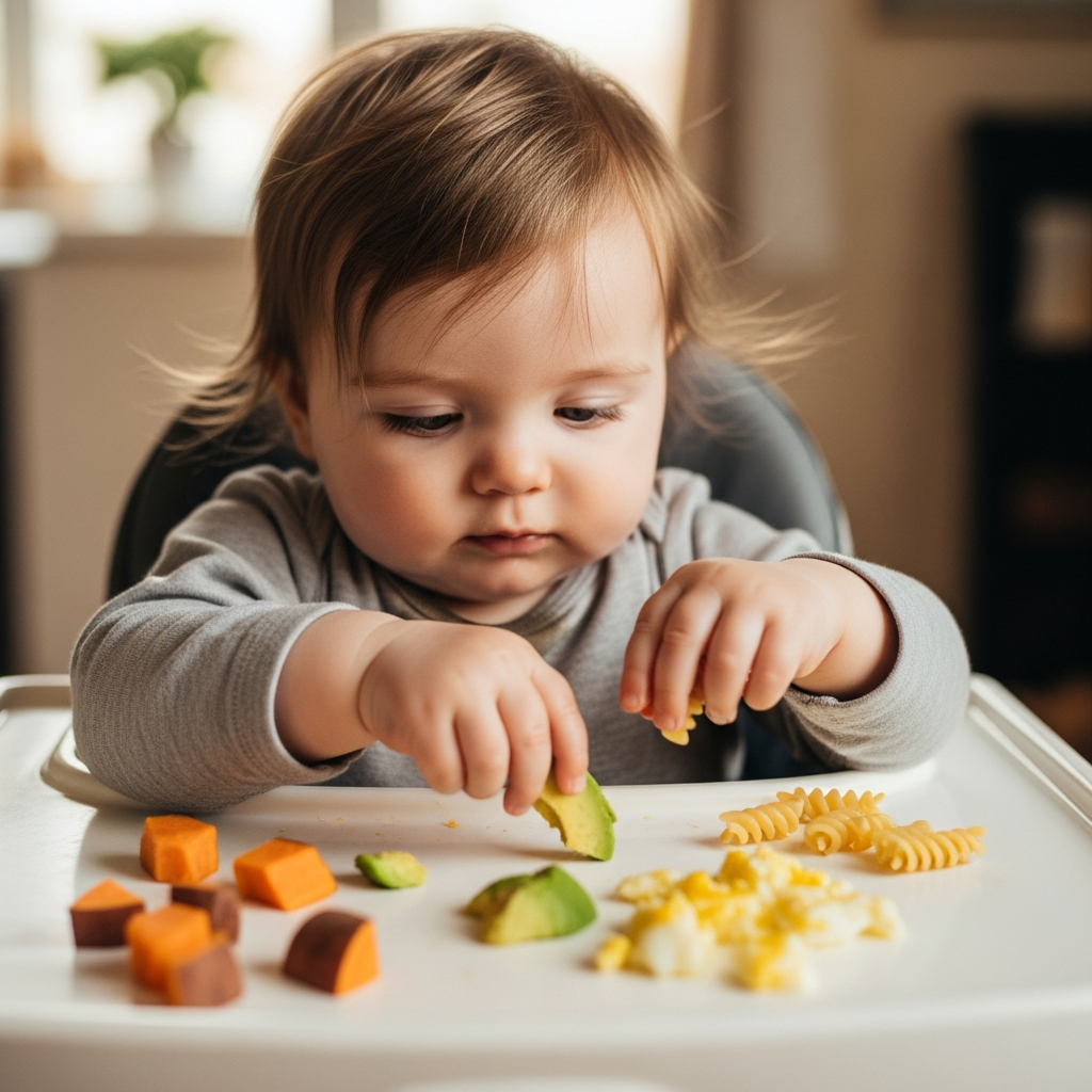 10 Monate altes Baby, das Fingerfoods mit Pinzettengriff-Entwicklung selbst füttert