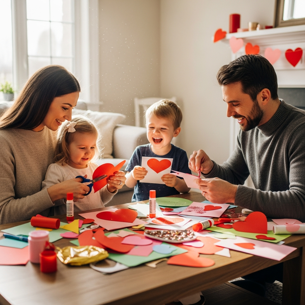 Family crafting Valentine's Day cards together with children