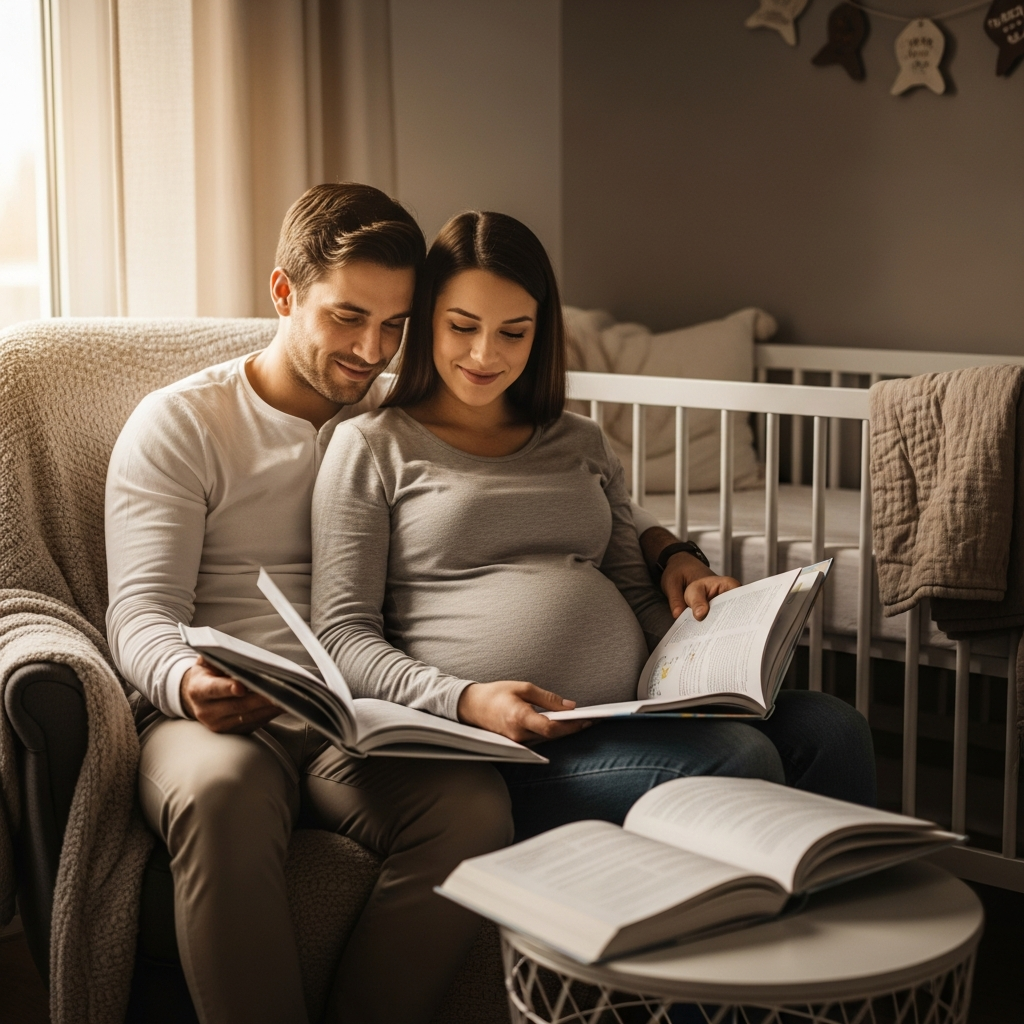 Padres esperando eligiendo nombres de bebé juntos en guardería moderna