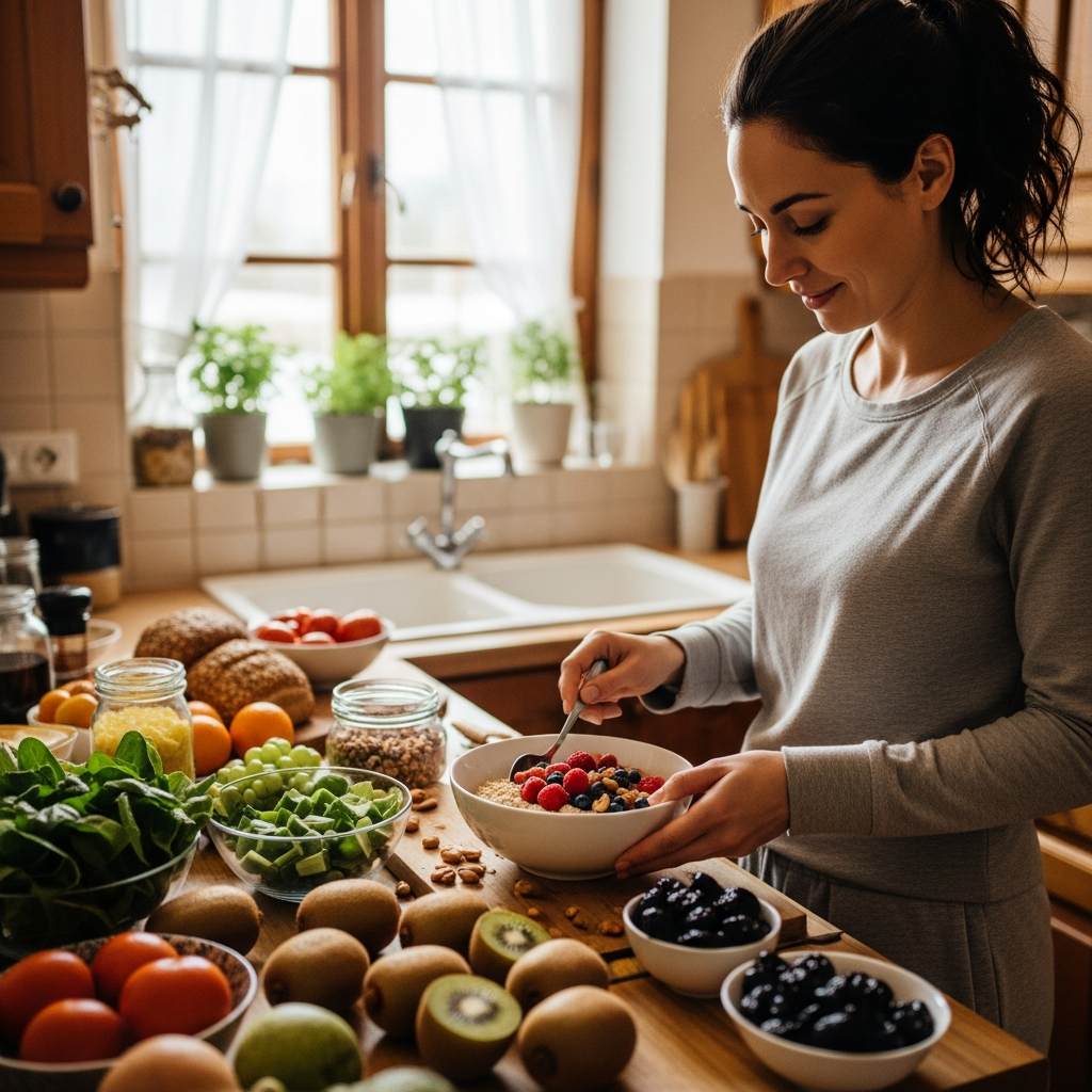 Fiber-rich postpartum constipation foods including prunes kiwi and oatmeal for natural relief after giving birth