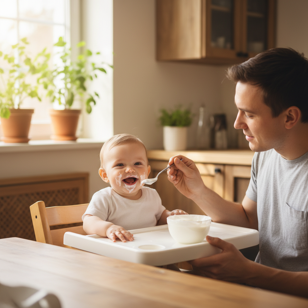 Elternteil füttert Baby im Hochstuhl mit Naturjoghurt aus Vollmilch – Leitfaden zur Einführung von Milchprodukten